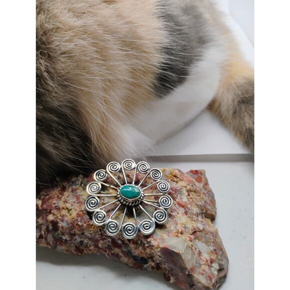 Vintage Turquoise and Sterling Silver Pinwheel Brooch - Picture 2 of 6